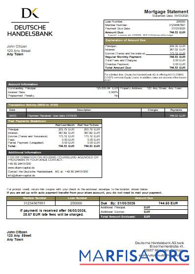 Realistic Germany Deutsche Handelsbank AG bank mortgage statement scr template
